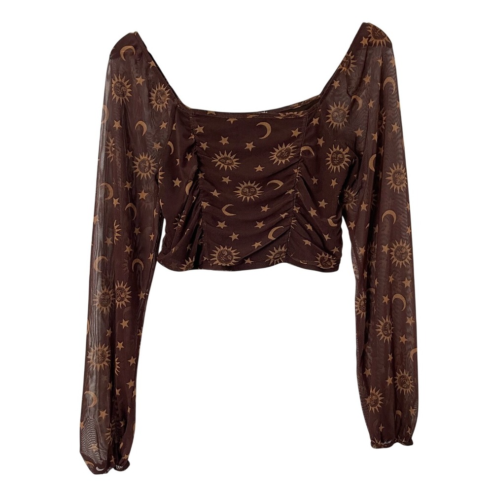 Celestial Mesh Crop Top M Sun Moon Stars Brown Ruched Square Neck Y2K Whimsygoth